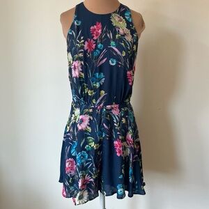 Lavender Brown Floral Pattern Navy Blue Pink High Neck Sleeveless Romper NWT S